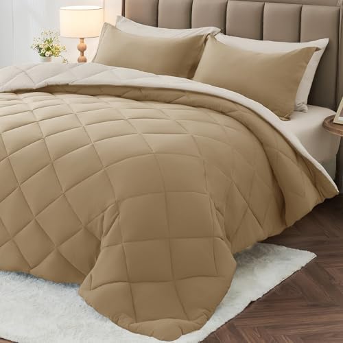 MUXHOMO 7 Pieces King Comforter Set, Reversible Bed in a Bag King Size, All Season Bedding Set with Comforter, Flat Sheet, Fitted Sheet, Pillowcases & Shams, Khaki & Linen