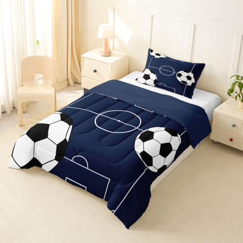 Castle Fairy Football Comforter Set,Boys Soccer Sports Theme Bedding Set Kids Teens Modern Decor,Ball Gaming Comforter with 1 Pillowcase for All Seasons,Playground Blue White Quilt Bedroom Decor Twin