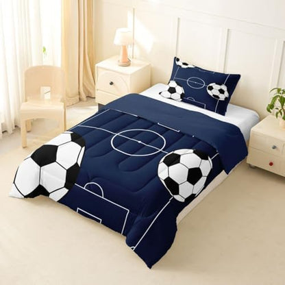 Castle Fairy Football Comforter Set,Boys Soccer Sports Theme Bedding Set Kids Teens Modern Decor,Ball Gaming Comforter with 1 Pillowcase for All Seasons,Playground Blue White Quilt Bedroom Decor Twin