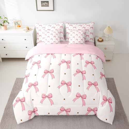 Feelyou Pink Bow Bed Set for Kids Girls Woman King Size Cute Coquette Bow Knot 7 Pieces Beeding Set Ultra Soft Girly Bed in a Bag with Comforter, Sheets, Pillowcases Bowknot Room Decor Bow Decor