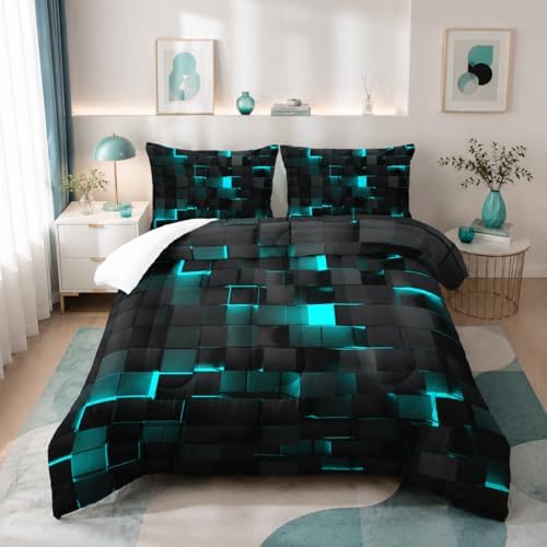 Geometric Turquoise Black Comforter Set,Light Honeycomb 3 Piece Bedding Set Twin Size for Teen Boys,Modern Quilt Set Geometry Decor,Microfiber Lightweight 1 Comforter 2 Pillowcases All Season