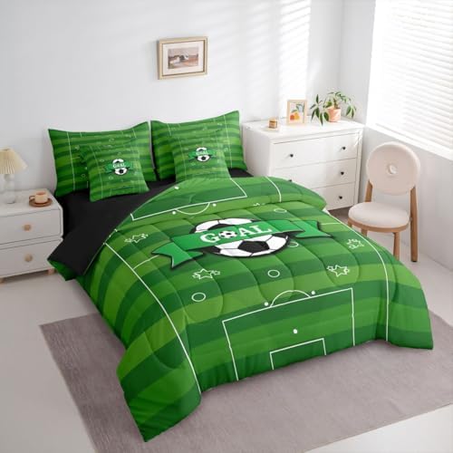 Erosebridal Soccer Green Gaming Boys Kids Football Court 7 Piece Bedding Set Twin | Hexagon Honeycomb Comforter Set with Sheets Striped Bed in A Bag Sports Theme Playground Bed Sets