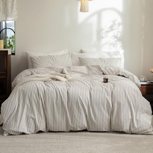 FOSSA Striped Duvet Cover Set 100% Washed Cotton Linen Feel Twin