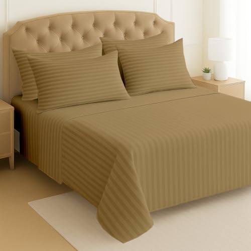 Mattress-Homes Extra Deep Pocket 6 Piece Queen Sheet Set, Hotel Luxury Collection, 100% Egyptian Cotton, 21" Deep Fitted Sheet, Soft, Cool & Breathable Bedding with 4 Pillowcases in Taupe Stripe