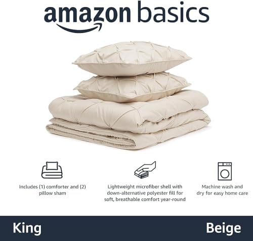 Amazon Basics All-Season Down-Alternative 3-Piece Comforter Bedding Set, Soft Lightweight Microfiber, Pinch Pleat Design, King, Beige