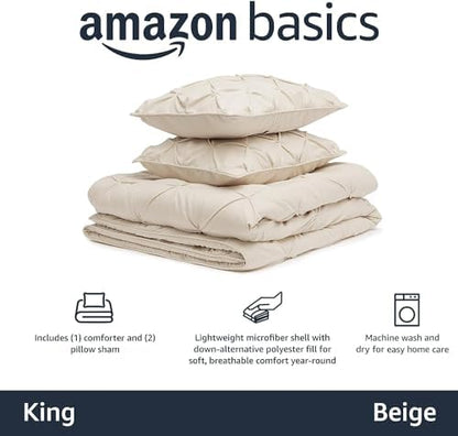 Amazon Basics All-Season Down-Alternative 3-Piece Comforter Bedding Set, Soft Lightweight Microfiber, Pinch Pleat Design, King, Beige