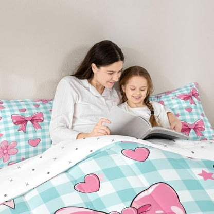 jejeloiu Checkerboard Bowknot Comforter Set All Season Pink Bow Bedding Set with 1 Pillow Cases Plaid Microfiber Kids Toddler Bedclothes Blue Bedroom Decor Duvet Quilt Breathable Soft Lightweight