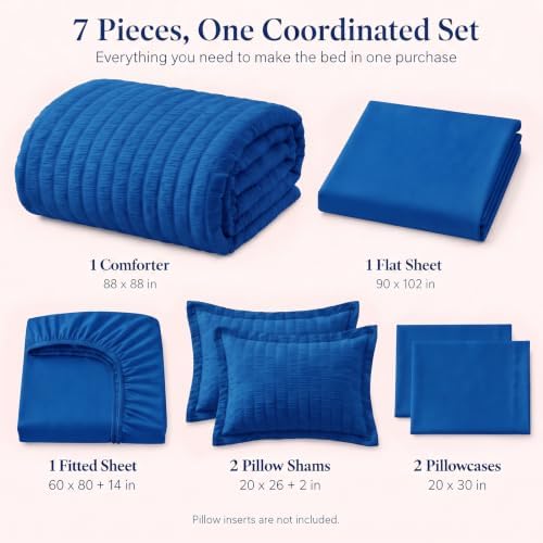 CozyLux Queen Comforter Set, 7 Pieces Classic Blue Seersucker Bed in a Bag
