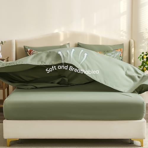 Luxudecor Floral Comforter Set Queen Bed in a Bag Set,7 Pieces Green Floral Comforter and Sheet Set,Soft Microfiber Bedding Sets for All Seasons (Green,90"X90")