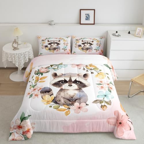 Manfei Cute Raccoon Comforter Set King Size, Watercolor Flower Quilt Set with 2 Pillowcases, Floral Animal Theme Bedding Set 3pcs for Kids Boy Girls Bedroom Decor Lightweight Duvet Insert