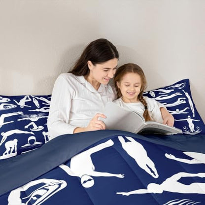 Homewish Swim Comforter Set Twin Size,Swimming Quilted Duvet 2Pcs for Kids Boys Teens Adult Room Decor,Swimmer Silhouette Print Bedding Sets Modern Navy Blue White Down Comforter,1 Pillowcase