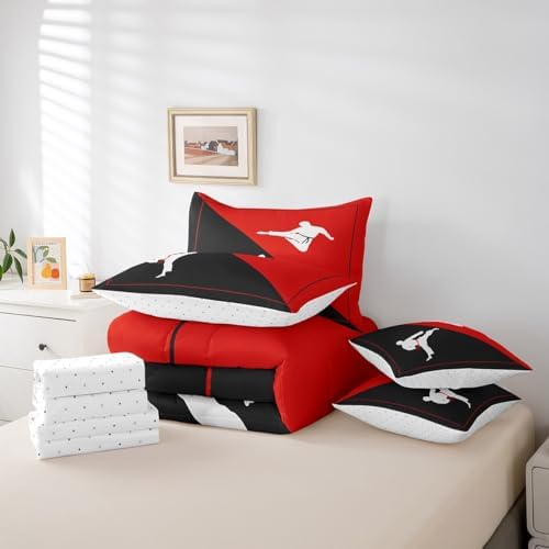 Castle Fairy Taekwondo 7 Pieces Bedding Set Black Red Comforter Set for Boys Girls Japanese Style Bed Set Room Decor Twin Size Kungfu Soft Warm Microfiber Bedding