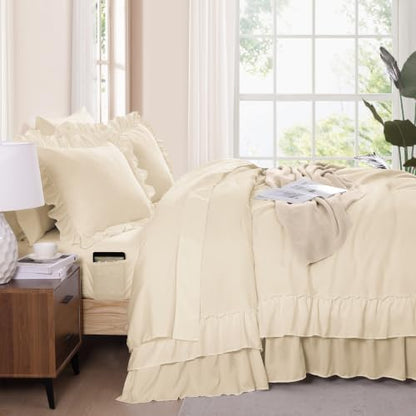 Full Comforter Set Whisper White Ruffle 7 Pieces Farmhouse Bed in a Bag