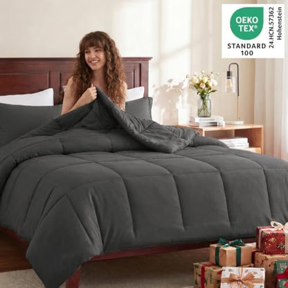 CozyLux Oversized Queen Comforter Set, 3-Piece Box-Stitched, Dark Grey