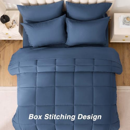 Love's cabin Queen Comforter Set Indigo Blue, 7 Pieces Queen Bed in a Bag, All Season Bedding Sets with 1 Comforter, 1 Flat Sheet, 1 Fitted Sheet, 2 Pillowcase and 2 Pillow Sham