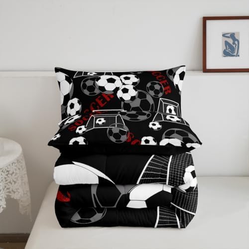 Soccer Ball Games Bedding Set Queen Size Football Gate Print Comforter Set for Kids Teens Boys Room Decor Modern Sports Gaming Down Comforter Geometric Circle Quilt Set with 2 Pillowcases