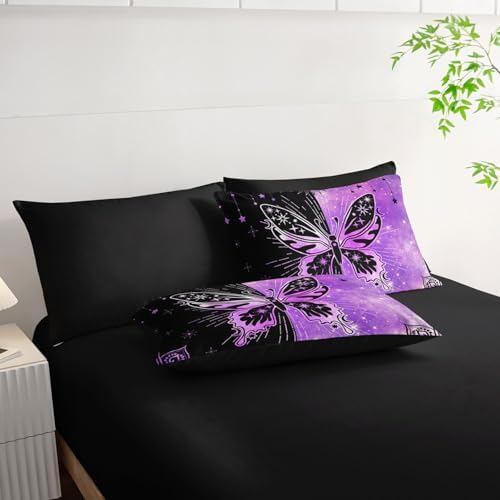 7Pcs Animals Comforter Set Black Purple Butterfly Printed Bedding Set with 1 Comforter, 1 Flat Sheet, 1 Fitted Sheet and 4 Pillowcases for Boys and Girls Bedroom (Butterfly-3 Queen