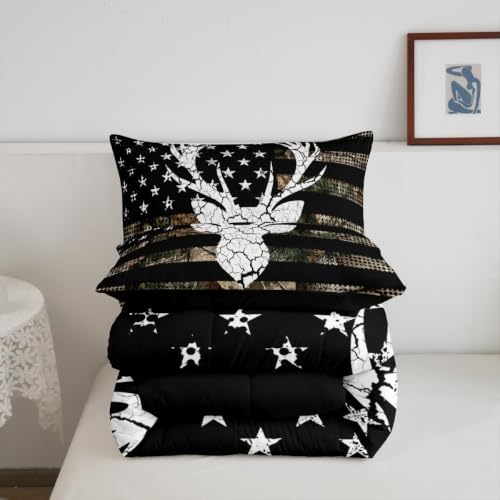 Feelyou Camo American Flag Deer Hunting Comforter Set Queen Bedding Set