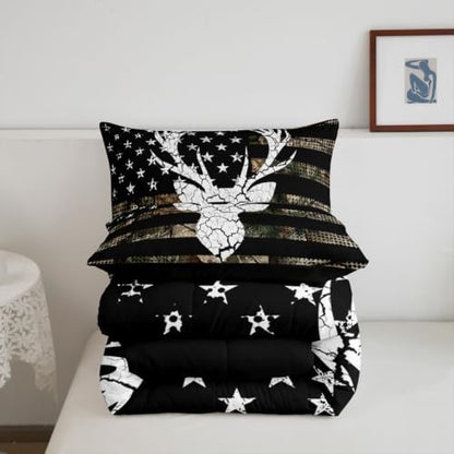 Feelyou Camo American Flag Deer Hunting Comforter Set Full Size Bedding Set