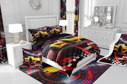 Toddler Race Car Bed for Boys,Red Black Honeycomb Toddler Size Bedding Set Racing Speed Sports Racing Car Comforter Set,Black And White Grid Buffalo Plaid Lattice Quilt Geometric Hexagon Room Decor