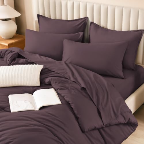 Litanika Plum King Comforter Set with Sheets - 7 Pieces Solid Bed in a Bag