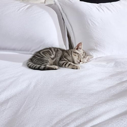 WDCOZY White Queen Size Jacquard Duvet Cover Set with Zipper Closure, Modern Washed Soft Striped Bedding, Textured Seersucker Like Cotton Linen, 1 Duvet Cover and 2 Pillow Shams, No Comforter