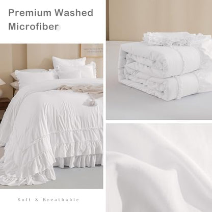 Masaca Oversized King Comforter 128x120,Farmhouse Shabby Boho Chic Ruffled Bedding Comforter Set,3Pcs Netural White Ruffle Comforter Rustic French Country Extra Large King Size Bedding Set