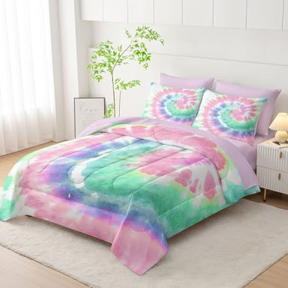 7Pcs Comforter Set Blue Pink Green Spiral Printed Bedding Set with 1 Comforter, 1 Flat Sheet, 1 Fitted Sheet and 4 Pillowcases for Boys and Girls Bedroom All Season(Spiral Full)