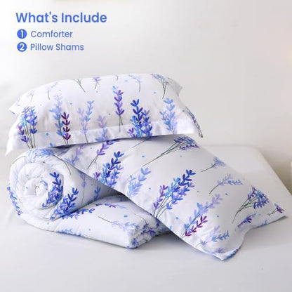 Mooreeke Queen Size Comforter Sets, Lavender Flower Cluster Patterned Bedding for All Seasons, 3-Piece Vintage Bed in a Bag with Fluffy Quilted Reversible Comforter & 2 Pillow Shams