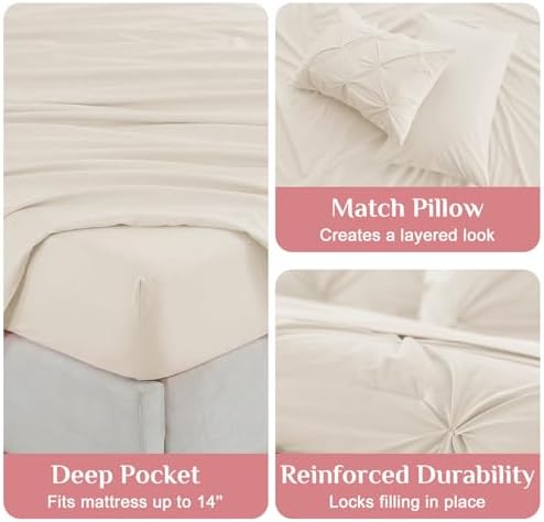 JOLLYVOGUE King Size Comforter Set 7 Pieces - Bed in a Bag King for All Season, Pintuck Bedding Comforter Sets with Comforter, Flat Sheet, Fitted Sheet and Pillowcases & Shams, Beige