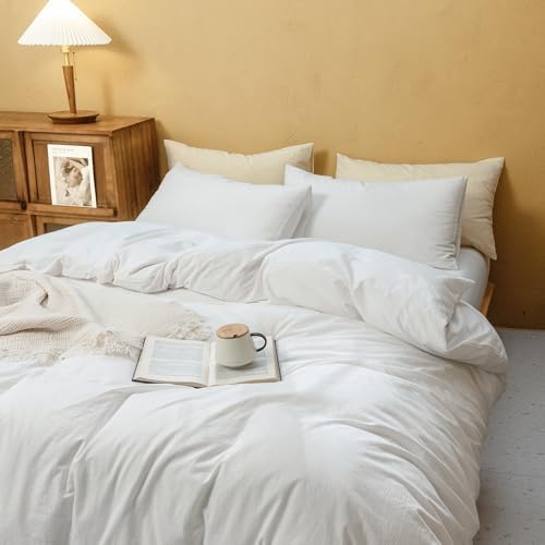 FOSSA Duvet Cover Set 100% Washed Cotton Linen Feel Queen