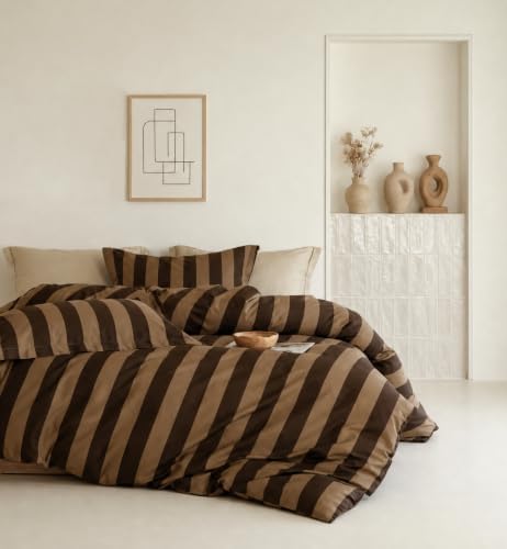 Comforter Set Queen Size - 100% Natural Cotton Brown and Beige Striped Comforter 3pcs, Hypoallergenic Soft Bedding Set