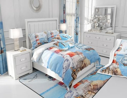 Coastal Lighthouse Comforter Set Full Size,Nautical Sailboat Quilt Set Ocean Adventure Travel Bedding Set for Kids Girls Boys Teens Room Decor,Vintage Watercolor Duvet Insert,2 Pillowcases