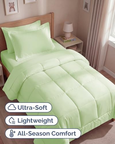 Twin Comforter Set - 5 Piece Bed in a Bag Twin Size - Light Sage Green