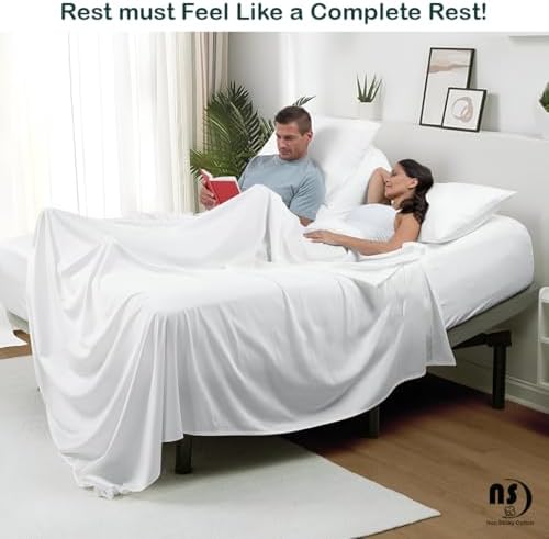 NON Sticky cotton Adjustable Split Queen Sheet Set for Sleep Number Beds, Premium 100% Long Staple Cotton Bedding, Two 30" X 80" Fitted Sheets Fits Up to 18" Deep Mattress, White Solid