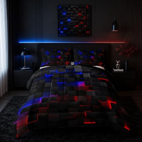 Nttopship Neon Blue and Red Black Comforter Set King Geometric Kids Bedding Set,3 PCS Geometry Honeycomb Modern Room Decor Quilt Set 1 Comforter 2 Pillow Cases All Season B-Side Black