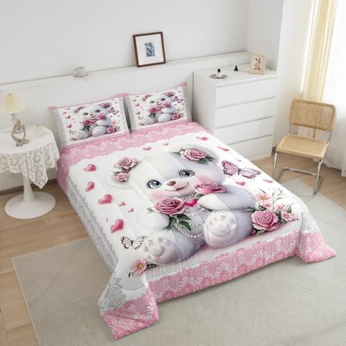 Feelyou Kids Cute Cartoon Bear Comforter Set Toddler Pink Rose Butterfly Love Heart Bedding Set Boys Girls Flowers Floral Pattern Quilt Set Pink Lace Pattern Bed Set