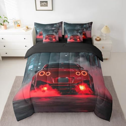 Erosebridal Red Race Car 7 Pieces Bedding Set Full Size,Extreme Sports Gaming Bed in a Bag,Cool Red Speed Car Bed Set Includes Comforter,Sheet Set,Pillowcases & Pillow Covers,Red Black Bedroom Decor