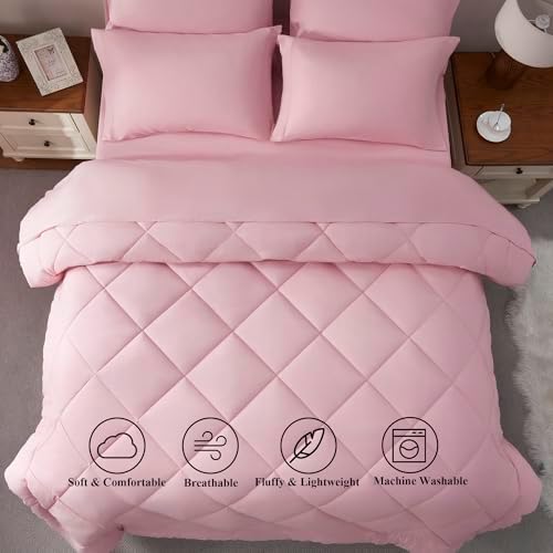 ELNIDO QUEEN® Queen Comforter Set - 7 Pieces Bed in a Bag Queen Size, Bed Set for All Seasons, Blush Pink Ultra Soft Bedding Sets with Comforter, Flat Sheet, Fitted Sheet, Pillowcases and Pillow Shams