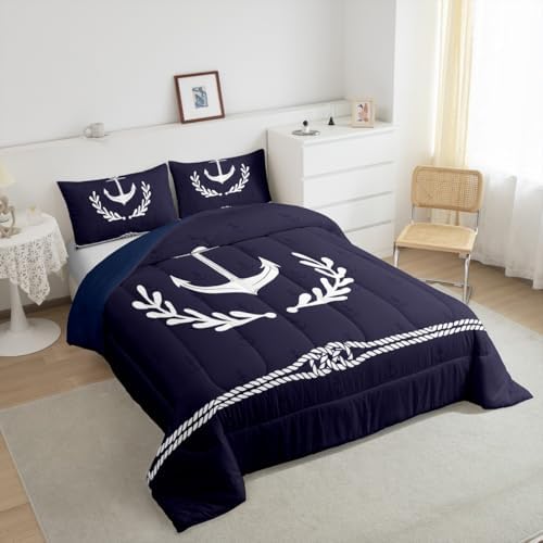 Anchor Bedding Set Queen Size,White Geometric Abstract Rope Palm Leaf Comforter Set 3pcs for Kids Boys Teens Room Decor,Nautical Adventure Quilt Set Navy Blue Duvet Insert,2 Pillowcases