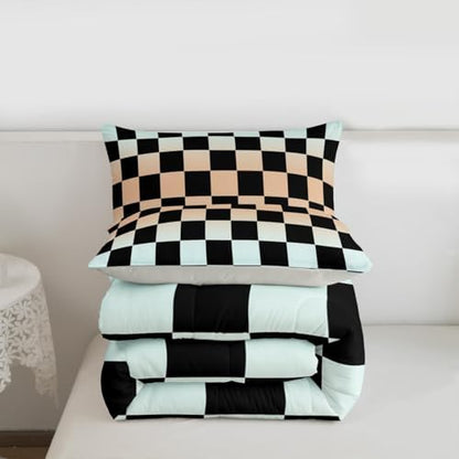 Checkered Geometric Bedding Set for Boys Girls Gradient Teal Blue Plaid Comforter Set King Size Checkerboard Modern Aesthetic Duvet Quilt Reversible Grey Bedroom Decor 3 Pcs with 2 Pillow Cases