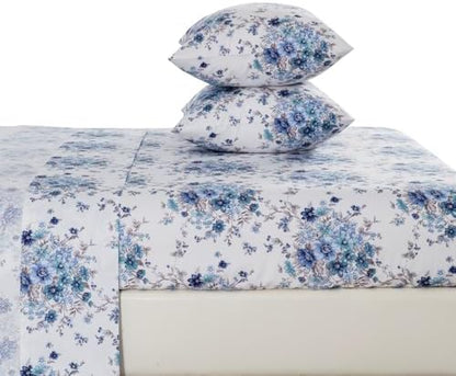 DAUAOTO Twin Size Printed Sheets Set, 100% Cotton Bedding Sets, Up to 14" Deep Mattress, Floral Pattern Bedlinen Set, French Blue