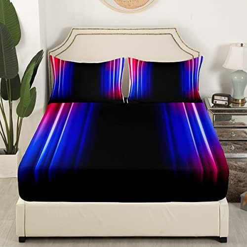 Feelyou Geometric Abstract Ombre Bed Sheets Kids Teens Red Blue and Black Striped Sheet Set Decor Modern Fashion Bed Set with 2 Pillowcases 4Pcs Bedding Queen