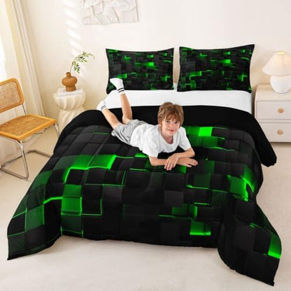 Erosebridal Black Green Comforter Set Full Neon Geometric Checkered Bedding Set for Kids Boys Gaming Room Decor,Teen Men Abstract Stereoscopic Grids Quilt Square Plaid Check Bed Set 3 Pcs