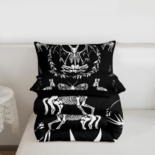 Feelyou Skull Comforter Set Bat Skeleton Comforter Boho Moth Gothic Skull Bedding Set for Kids Boys Girls Adults Halloween Themed Duvet Set Soft Horror Room Decor King Size Quilt Boys