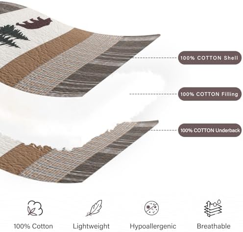 PERHOM Cabin Quilt Queen Size - 100% Cotton Lodge Cabin Queen Quilt Bedding Set, Striped Bear Tree Reversible Quilted Bedspread Lightweight Comforter Set with 2 Shams, Wood Brown/Beige, 3PCS