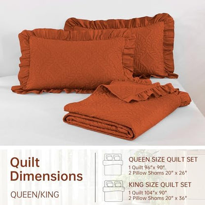 DJY King Quilt Set 3 Pieces, Lightweight Ruffled Bedspread, Burnt Orange