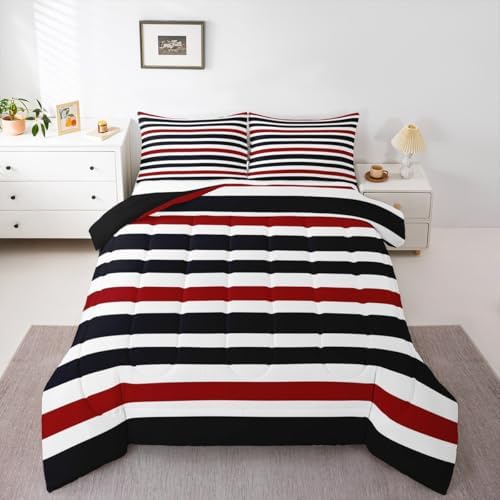 Homewish Stripe Art Comforter Set King Size,Red Black White Bedding Sets 3Pcs for Kids Girls Boys Women Room Decor,Modern Simple Quilted Duvet Abstract Art Down Comforter,2 Pillowcases
