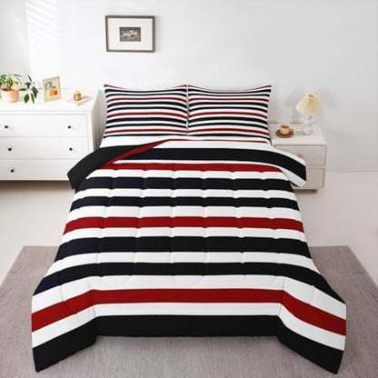 Homewish Stripe Art Comforter Set King Size,Red Black White Bedding Sets 3Pcs for Kids Girls Boys Women Room Decor,Modern Simple Quilted Duvet Abstract Art Down Comforter,2 Pillowcases