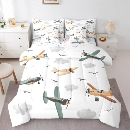 Erosebridal Cartoon Aircraft Comforter Set with Sheets King Size, Airplane Propeller Plane 7 Pcs Bedding Set for Boys Kids Child Adults Teens, Flying Birds Animals Bed in A Bag, Cloud Bed Sets
